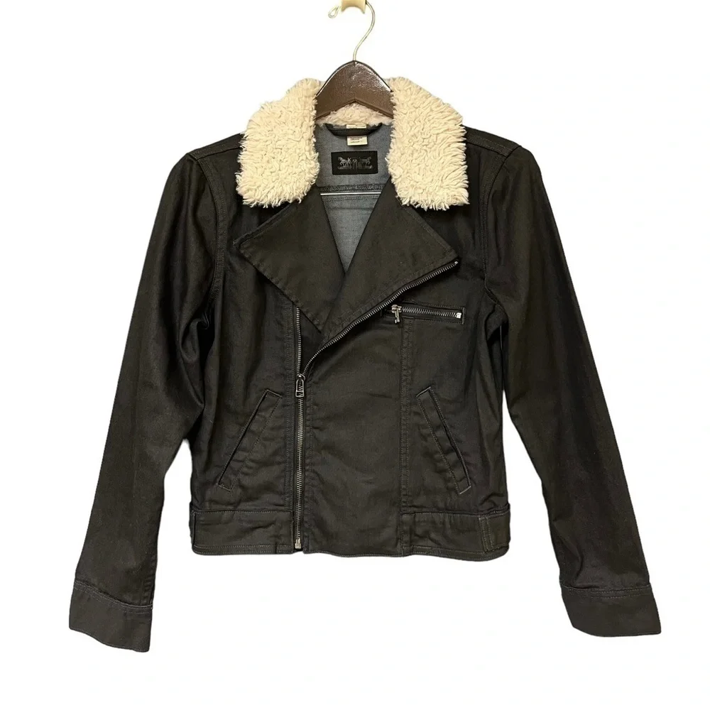 Levi Black Wax Denim Moto Trucker Jacket. Medium #404 - Picture 2 of 10